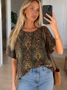 Vintage RUSS Paisley Boxy Blouse Size 14 Union Made USA Boho Short Sleeve Top